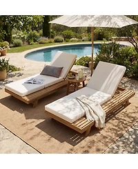 Asagikoiai Acacia Wood Outdoor Chaise Lounge with Adjustable Back and Cushion