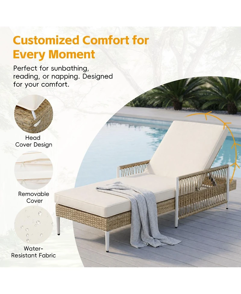 Asagikoiai Set of 2 Outdoor Pe Rattan Chaise Lounge, 6-Position Adjustable Patio Wicker Recliner