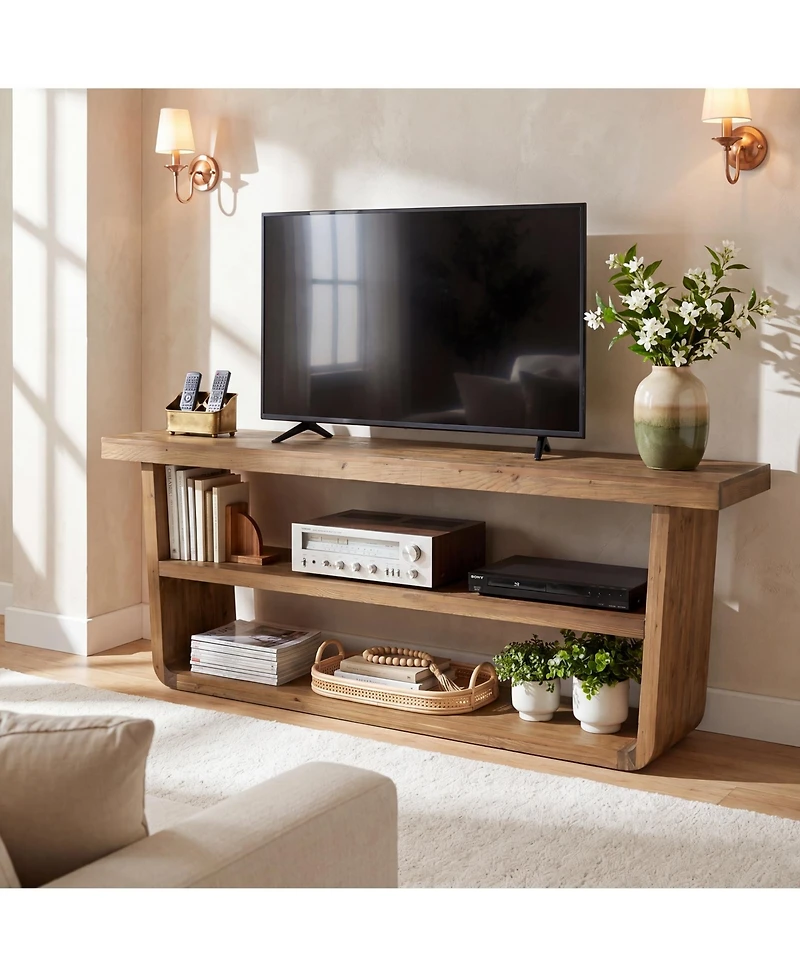 Tribesigns 63 Inch Solid Wood Tv Stand for 55/65/75 Inch TVs, 3-Tier Entertainment Center with Open Storage Shelves, Farmhouse Media Console