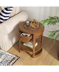 Gymax Round End Table 2-tier Mid Century Modern Nightstand with Drawer and Shelf