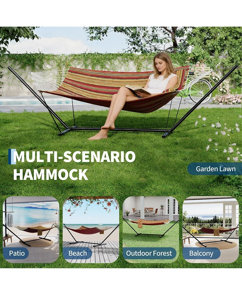homfan Stripe Double Hammock Set – 450LBS, Freestanding with Pillows and Balance Rope for Patio or Yard