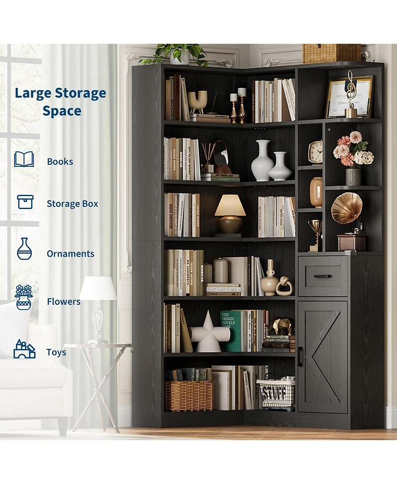 homfan 74'' Tall Corner Bookshelf, 6-Tier Book Shelf with Drawer and Cabinets, l-Shaped Bookcase Open Storage Shelves Modern Display for Home