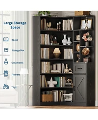 homfan 74'' Tall Corner Bookshelf, 6-Tier Book Shelf with Drawer and Cabinets, l-Shaped Bookcase Open Storage Shelves Modern Display for Home