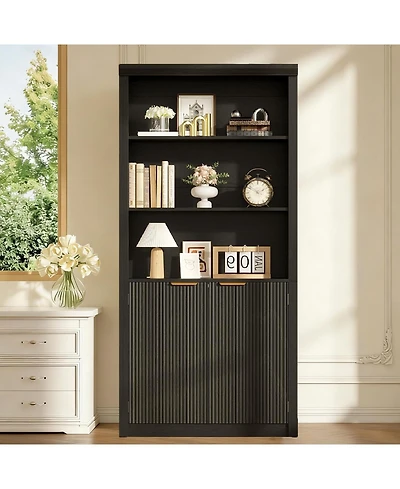 homfan Tall Bookcase, 31.5" Wide wooden Unit with Doors, Farmhouse Large Storage, 5-Shelf Adjustable Top for Home Office, Living Room