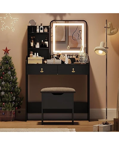 homfan Makeup Vanity Set with Lights, Small Desk with Upholstered Stool, Dressing Table with 2 Drawers and 3-Tier Shelves for Bedroom, 3 Light Modes