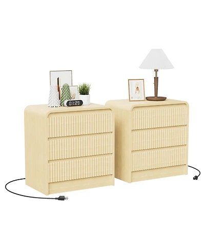 homfan Set of 2 Fluted Nightstands with Charging Station and 3 Drawers, Warm Wood Finish