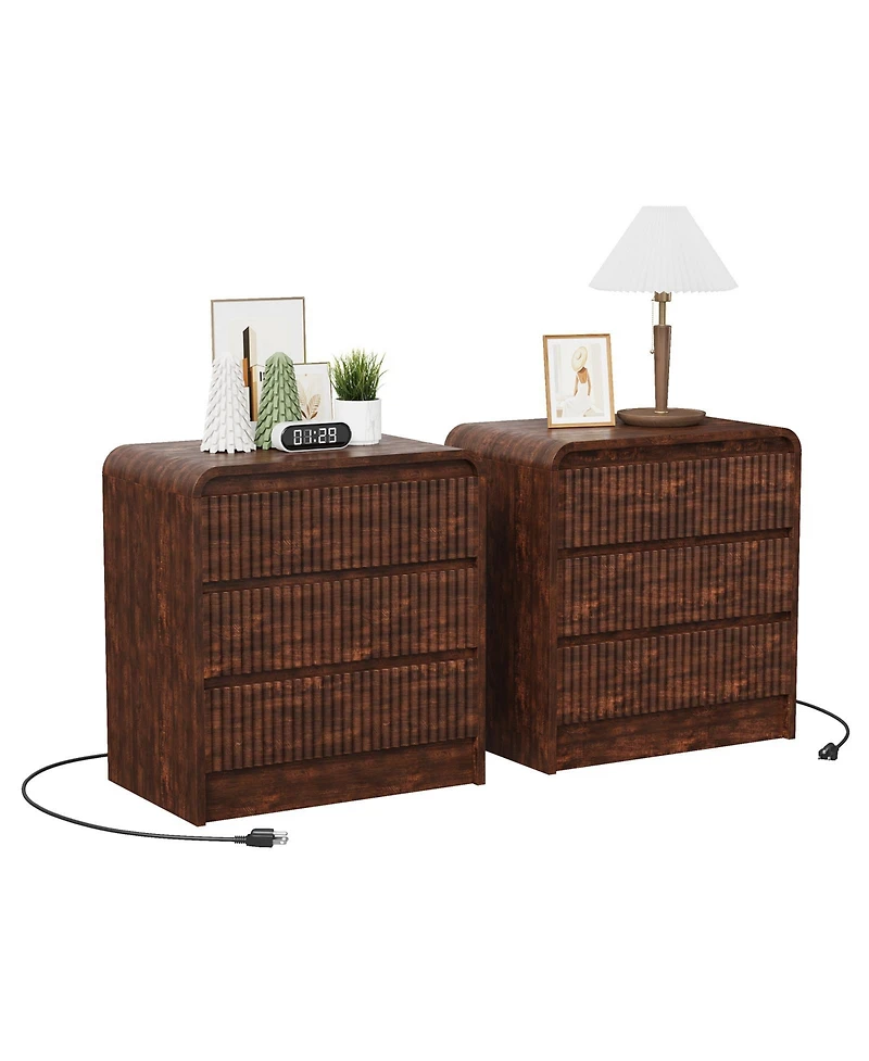 homfan Set of 2 Brown Fluted Nightstands with Charging Station and 3 Drawers