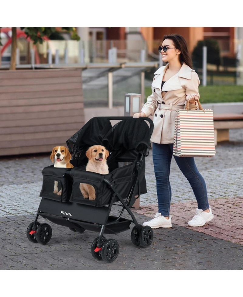 Hongge Foldable Double Pet Stroller with Adjustable Sunshade Safety Leash and Storage Baskets