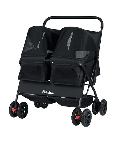 Hongge Foldable Double Pet Stroller with Adjustable Sunshade Safety Leash and Storage Baskets