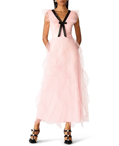 Betsey Johnson Juniors' Cascading Tulle Contrast Bow V-Neck Maxi Dress
