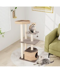Hongge 52 Inch 4-Layer Cat Tower with Sisal Scratching Posts Condo and Washable Cushions