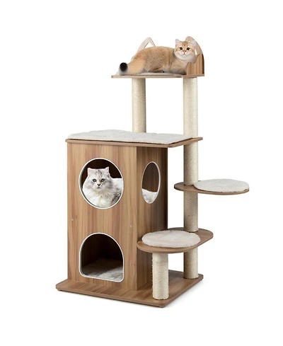 Hongge 48 Inch Wooden Cat Tree with 2-Floor Condo Cat-Head Perch and Sisal Posts