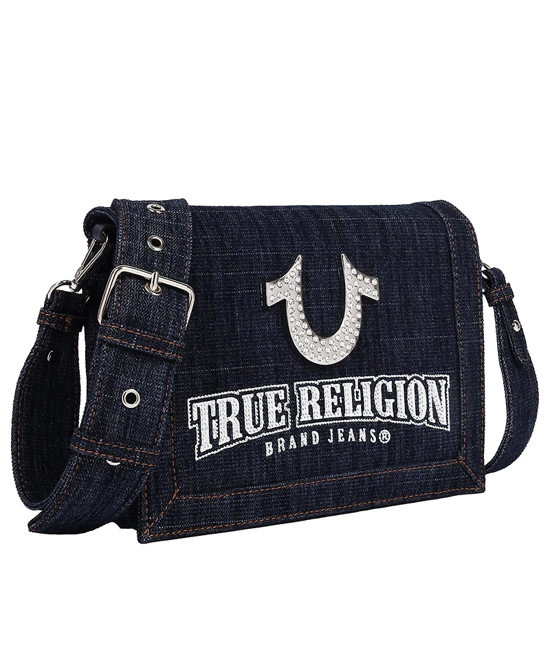True Religion Bling Horseshoe Denim Messenger Bag with Adjustable Strap