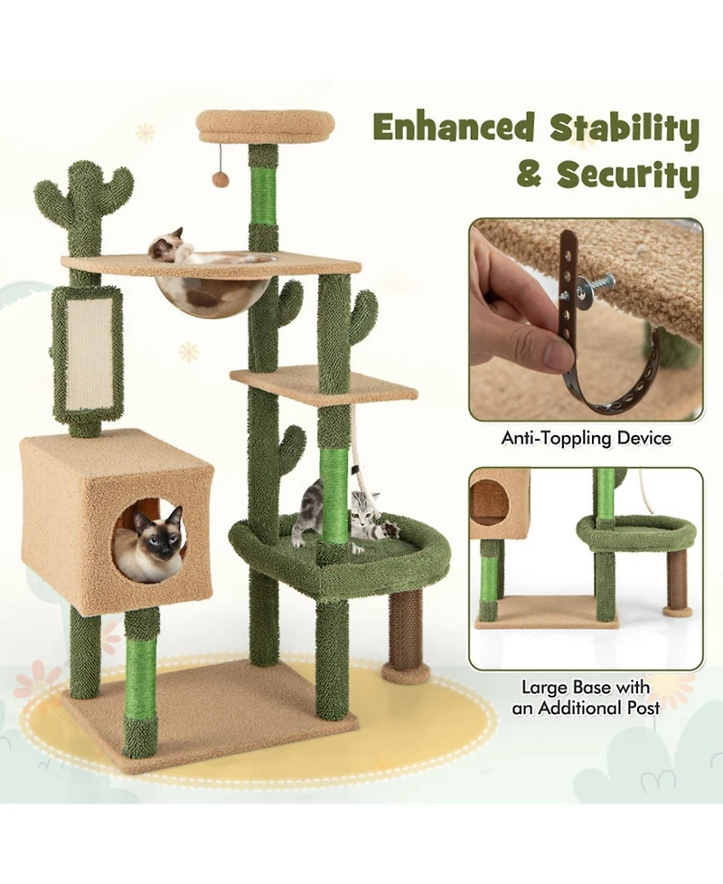 Hongge 59 Inch Multi-Level Cactus Cat Tree with Condo Space Capsule and Sisal Scratching Posts