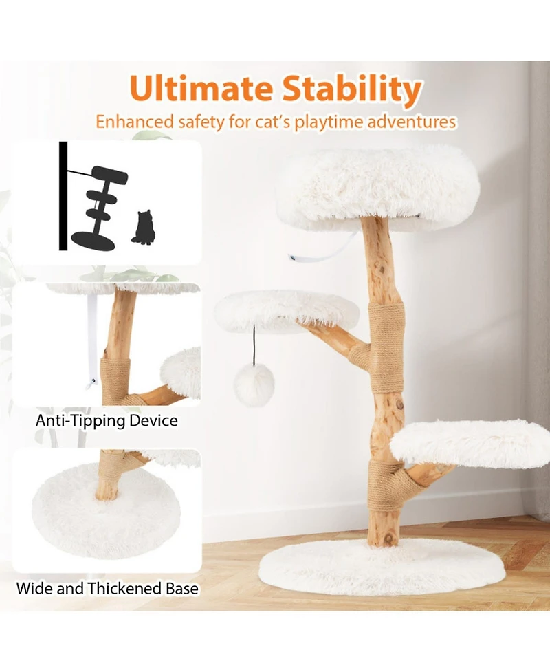 Hongge 35 Inch Solid Pear Wood Cat Tree with Plush Perch and Jute Scratching Posts