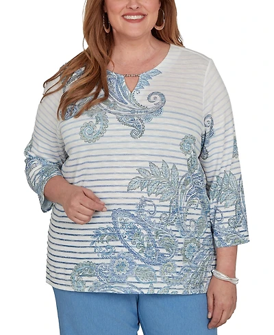 Alfred Dunner Plus Provence Paisley Stripe Split Neck Top
