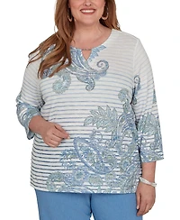 Alfred Dunner Plus Provence Paisley Stripe Split Neck Top