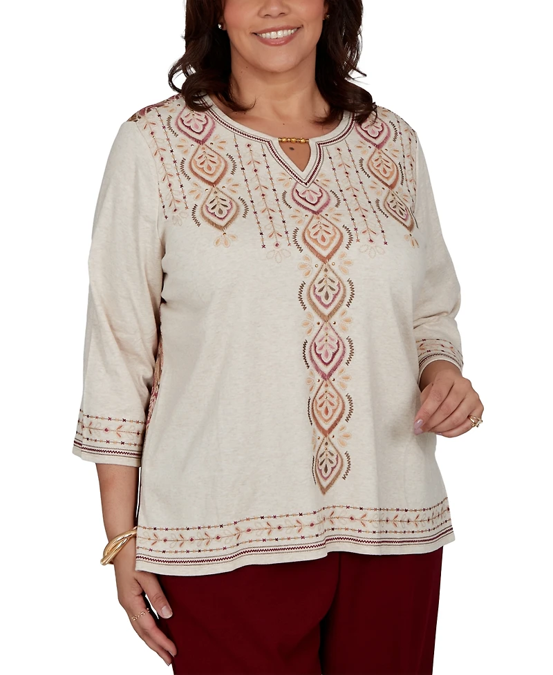 Alfred Dunner Plus Union Square Medallion Embroidered Printed Back Top
