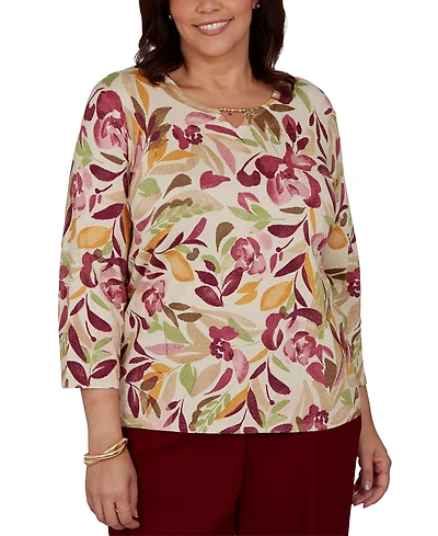 Alfred Dunner Plus Union Square Floral Painterly Print Shimmer Sweater