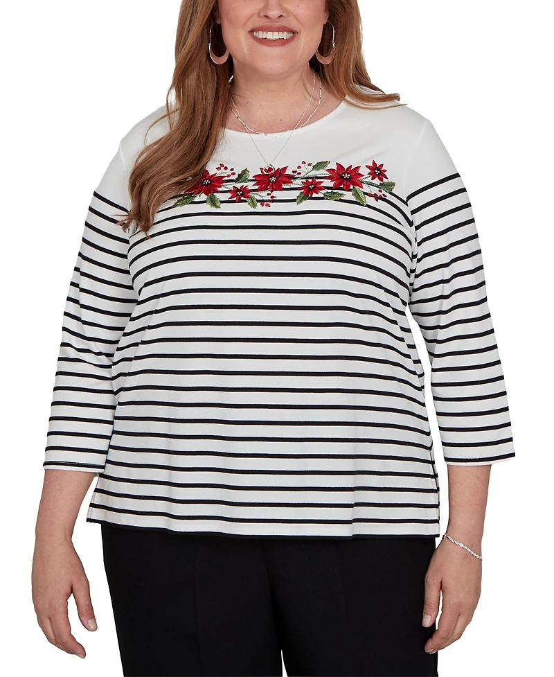 Alfred Dunner Plus Classic Poinsettia Stripe Knit Top