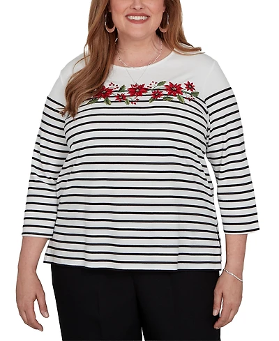 Alfred Dunner Plus Classic Poinsettia Stripe Knit Top