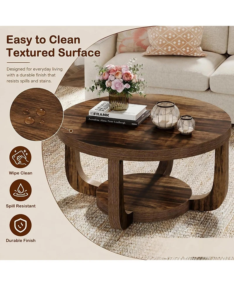 Tribesigns Round Coffee Table,31.5" 2-Tier Coffee Table with Storage Shelf,Rustic Wooden Center Table with Thick Tabletop for Living Room
