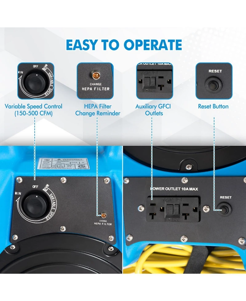 Hongge Commercial Hepa Air Scrubber with Variable Airflow up to 500 Cfm for 2000 Sq Ft Spaces