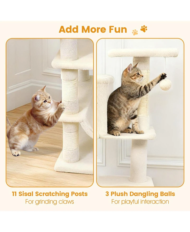 Hongge 66 Inch Cat Tree with 2 Condos Hammock Basket and Sisal Scratching Posts