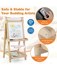 Hongge 3-in-1 Double-Sided Kids Art Easel with Chalkboard Magnetic Whiteboard and Paper Roll