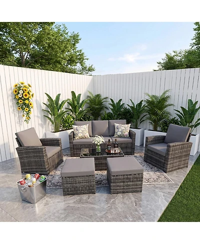 Asagikoiai 6-Piece Outdoor Wicker Sectional Patio Furniture Set with Sofa and Ottomans