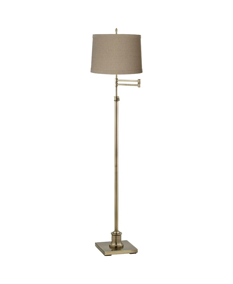 360 Lighting Swing Arm Floor Lamp 70" Tall Antique Brass Linen Drum Shade for Living Room Reading Bedroom Office