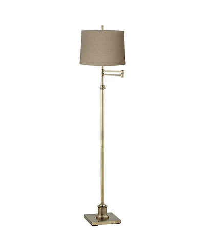 360 Lighting Swing Arm Floor Lamp 70" Tall Antique Brass Linen Drum Shade for Living Room Reading Bedroom Office