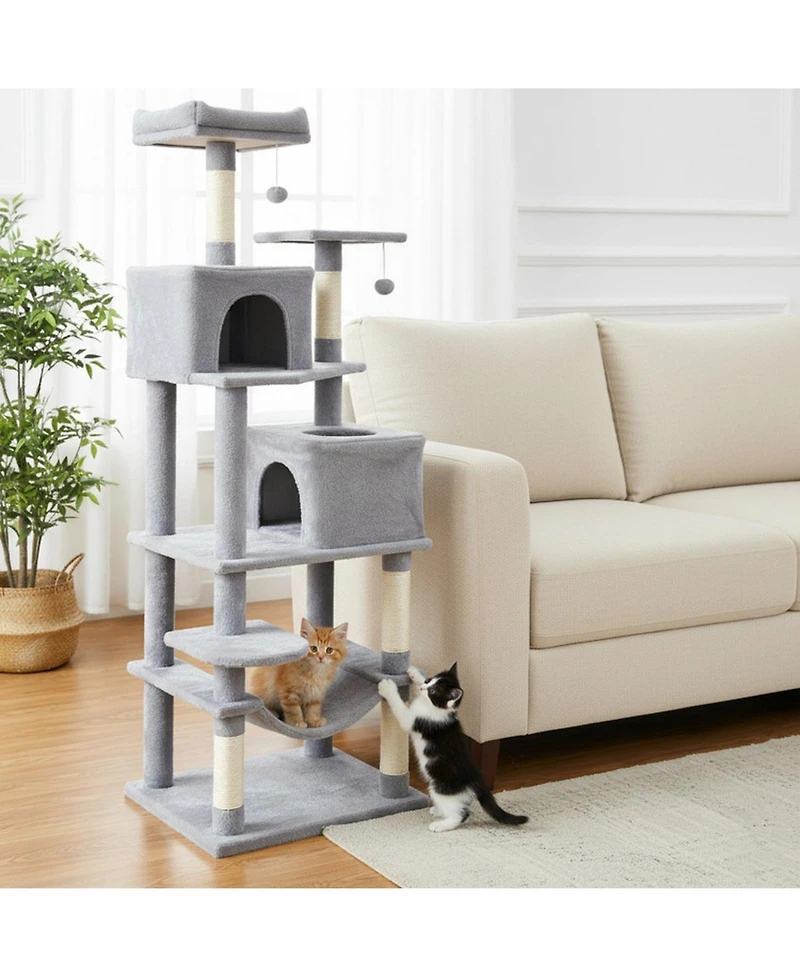 Hongge 58 Inch Modern Cat Tree with Upholstered Perch 2 Condos and Sisal Scratching Posts