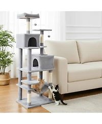 Hongge 58 Inch Modern Cat Tree with Upholstered Perch 2 Condos and Sisal Scratching Posts