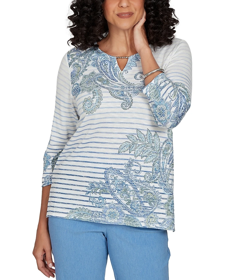 Alfred Dunner Petite Provence Paisley Stripe Split Neck Top