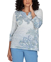 Alfred Dunner Petite Provence Paisley Stripe Split Neck Top