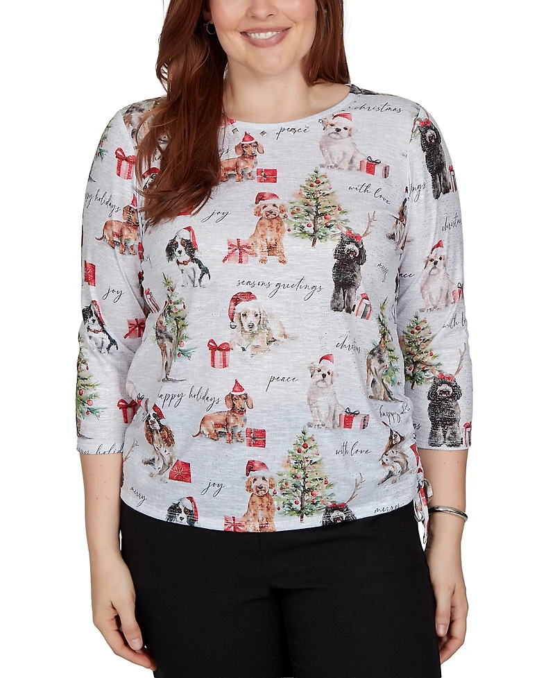 Alfred Dunner Petite Classic Gift Giving Dogs Knit Top