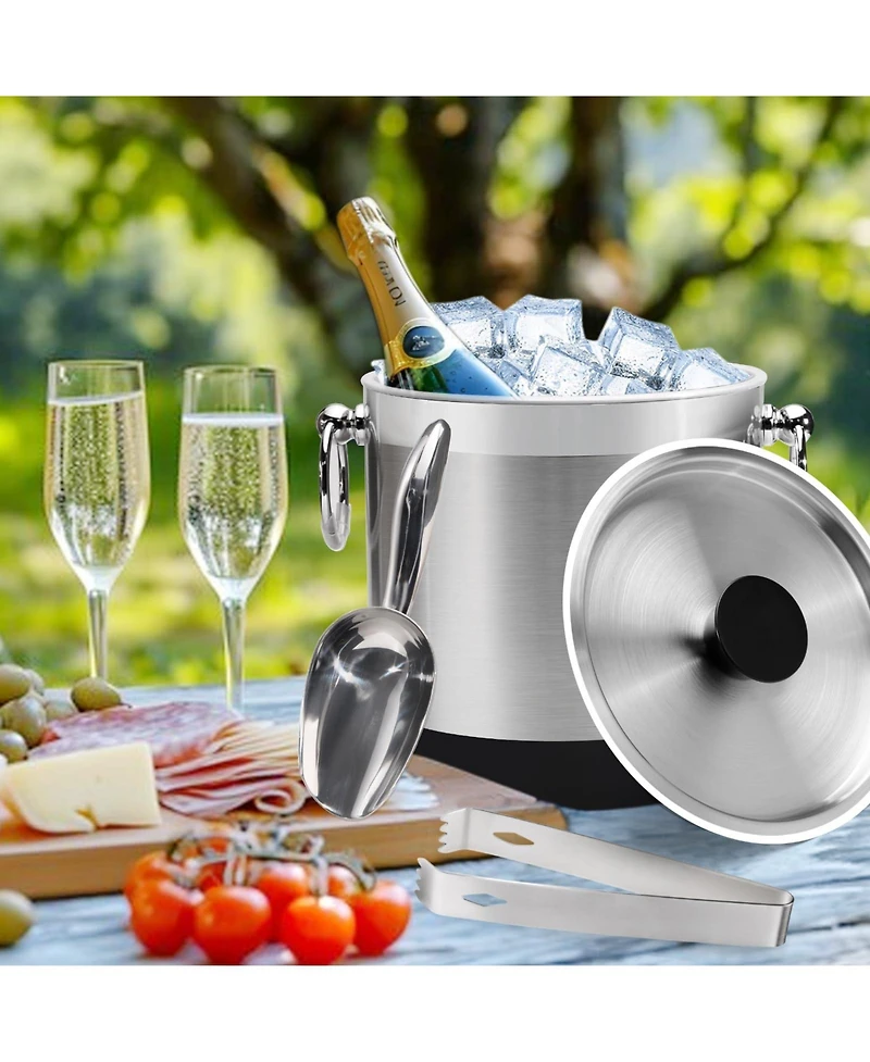 Piscifun Double Wall Insulated Stainless Steel Ice Bucket with Lid Tong and Strainer Keeps Ice Frozen Longer for Parties