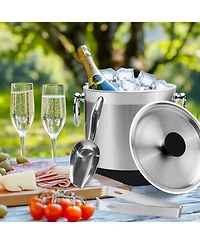 Piscifun Double Wall Insulated Stainless Steel Ice Bucket with Lid Tong and Strainer Keeps Ice Frozen Longer for Parties