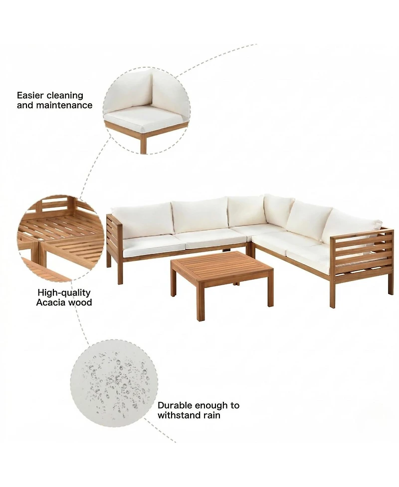 Asagikoiai 6-Piece Wood Outdoor Sectional Sofa Set, L-Shape Patio Conversation Set with Coffee Table
