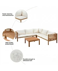 Asagikoiai 6-Piece Wood Outdoor Sectional Sofa Set, L-Shape Patio Conversation Set with Coffee Table