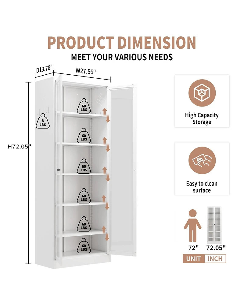 Boyel Living 72 Inch Tall Steel 5 Shelf Narrow Storage Cabinet with Glass Door