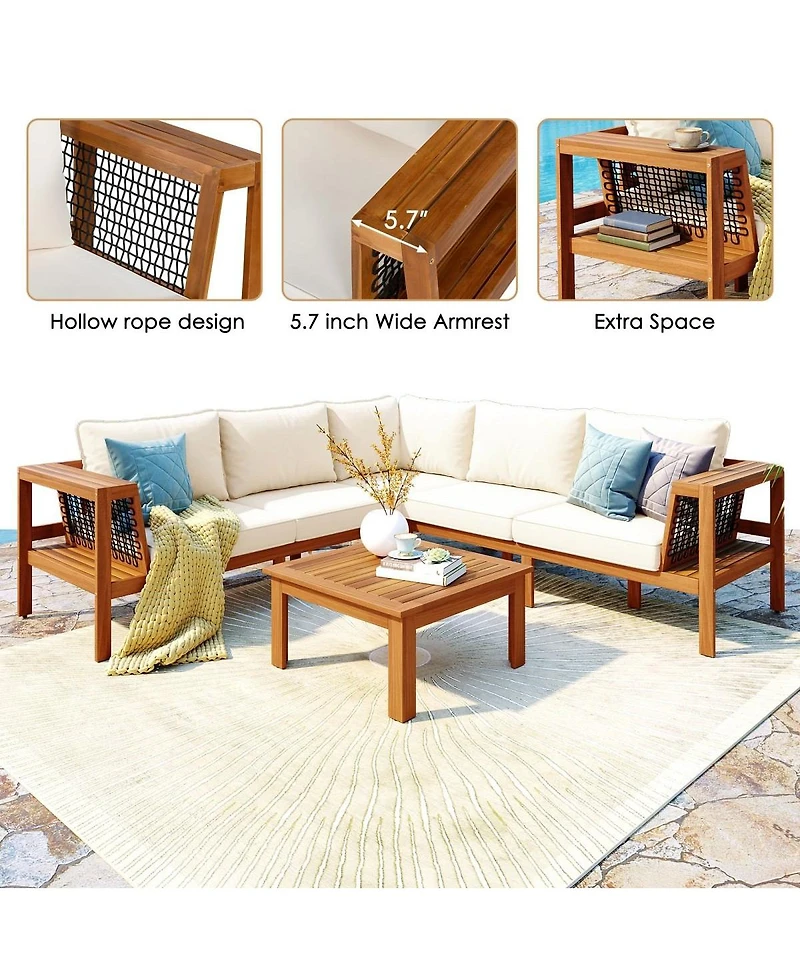 Asagikoiai 4-Piece Outdoor Acacia Wood Conversation Set L-Shaped Patio Sectional with Cushions