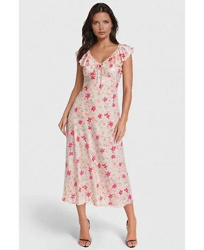 Bebe Women's Floral-Print Ruffled Satin Maxi Dress