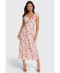 Bebe Women's Floral-Print Ruffled Satin Maxi Dress