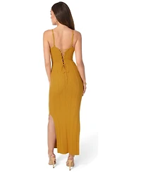 Bebe Women's Ribbed Knit Square Neck Bodycon Side-Slit Maxi Dress