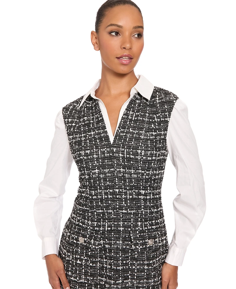 London Times Petite Tweed Twofer Collared A-Line Dress