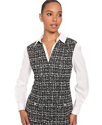 London Times Petite Tweed Twofer Collared A-Line Dress