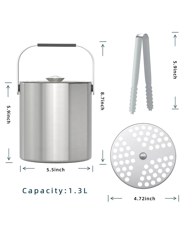 Piscifun Stainless Steel Double Wall Insulated Ice Bucket with Strainer Tongs Lid for Parties Home Bar
