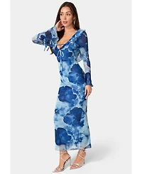 Bebe Women's Long-Sleeve Floral-Print Ruffle-Neck Maxi Dress